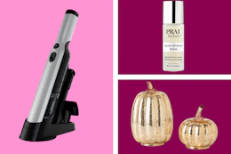a vacuum, glass pumpkin decor, and a bottle of facial serum