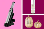 a vacuum, glass pumpkin decor, and a bottle of facial serum