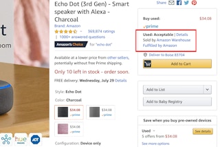 A screenshot of an Amazon echo dot sold on Amazon Warehouse.