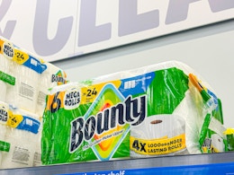 In-store photo of Bounty Paper Towels (6-mega-rolls) in Walmart store on top of shelf