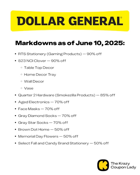 Graphic with Dollar General Markdown List for June 10 2025