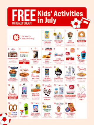 calendar showing free activities for kids in july