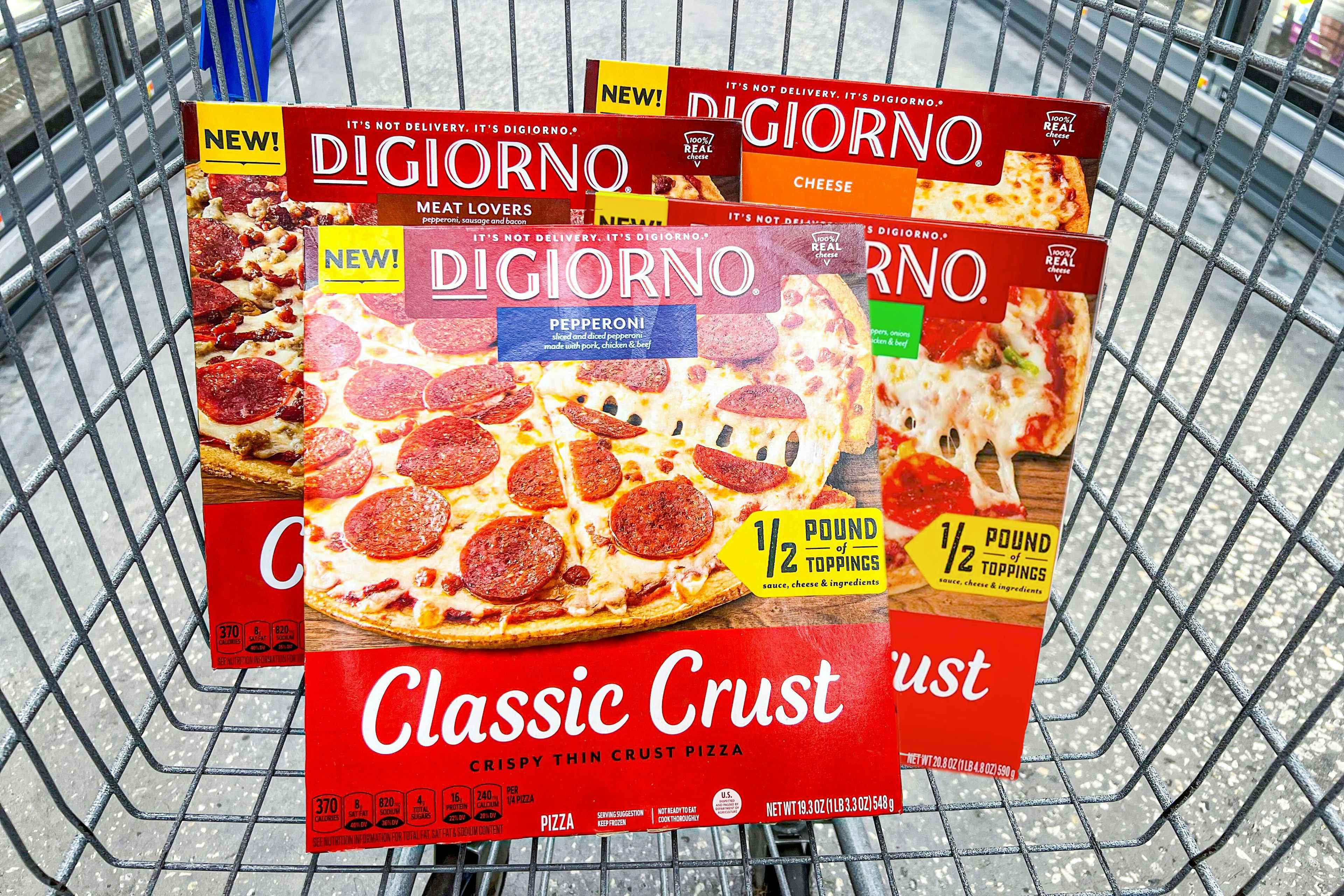digiorno classic crust pizzas in a walmart cart
