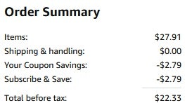 an amazon order summary ending in $22.33