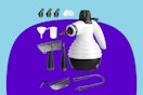 A white and black steam cleaner with a cone-shaped spout and several accessories for recharging and cleaning surfaces