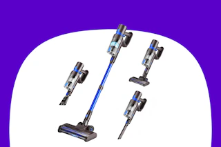 A blue and silver cordless stick vacuum cleaner shown 4 ways: brush roll long, brush roll short, brush short, crevice tool short