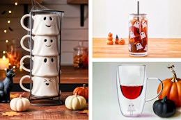 3 lifestyle images of Way to Celebrate Halloween themed drinkware