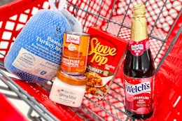 groceries in a red shopping cart