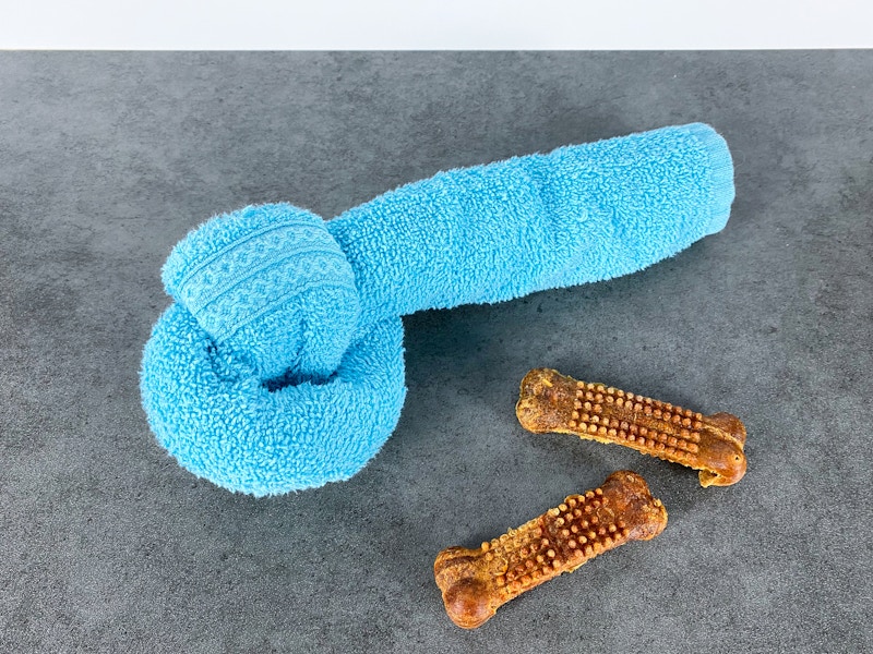 diy dog toy with knotted towel and treats