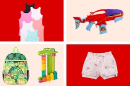 walmart toys, backpacks, and apparel on red and cream background