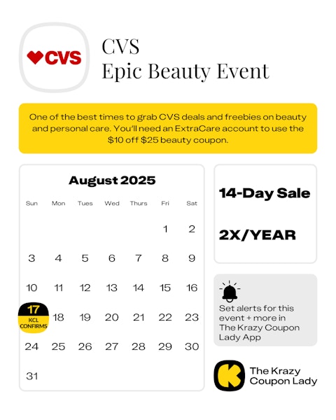 Calendar graphic of cvs epic beauty event for August 17 2025