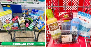 A cart of Target products at Dollar Tree next to a cart of some of the same products at Target