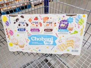 box of chobani flips in a cart