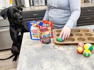a person putting treats and tennis balls in a muffin tin for a dog toy
