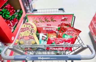 A Walgreens cart top basket filled with holiday candy.