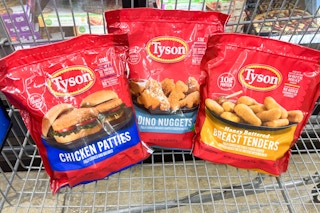 bags of tyson frozen chicken in shopping cart