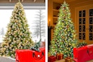 2 lifestyle images of Yexmas Pre-Lit Christmas Trees with storage bags