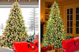 2 lifestyle images of Yexmas Pre-Lit Christmas Trees with storage bags