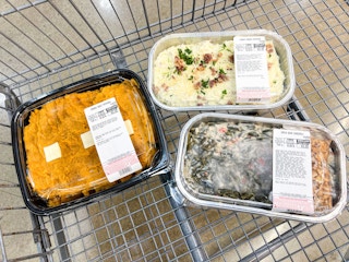 costco premade sides loaded mashed potatoes mashed sweet potatoes green bean casserole in cart