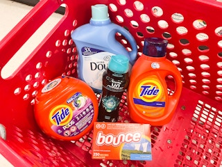 Tide original liquid laundry detergent, Downy Unstoppables, Downy Liquid Fabric Conditioner, and Bounce Fabric Softener sheets, all ...