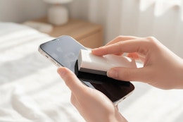 a woman cleaning a phone