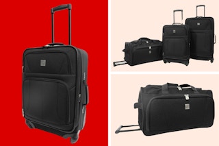 Three stock photos of a black Protege 3-piece luggage set