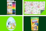 dollar tree jot markers, floral placemat, bluey candy balloon, cap 'n crunch cereal on 4-photo collage