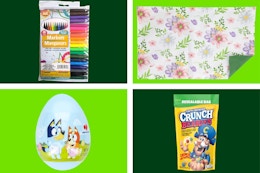 dollar tree jot markers, floral placemat, bluey candy balloon, cap 'n crunch cereal on 4-photo collage