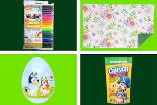 dollar tree jot markers, floral placemat, bluey candy balloon, cap 'n crunch cereal on 4-photo collage