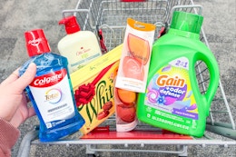cvs shopping cart with whitmans, colgate, gain, real rechniques, and old spice products