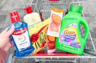 cvs shopping cart with whitmans, colgate, gain, real rechniques, and old spice products