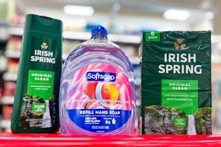 irish spring body wash soap bars and softsoap soap refill bottle in shopping cart