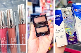 collage image of neutrogena lip gloss, maybelline eyeshadow, and crest toothpaste