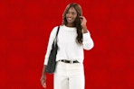 Model wearing a white Time and Tru textured sweater