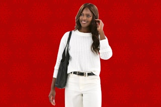 Model wearing a white Time and Tru textured sweater