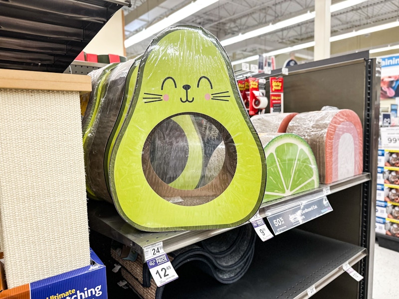 large avocado cat scratcher on a shelf