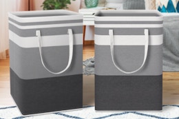 Laundry hampers on the bedroom floor.