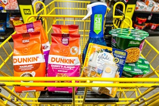 dunkin, knorr, dawn, and glade in a yellow shopping cart
