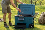 a man getting soda from a ninja cooler