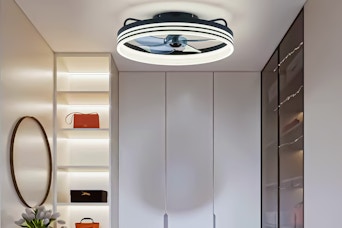 Lifestyle image of the FANNEHONNE led fan light in closet-like setting