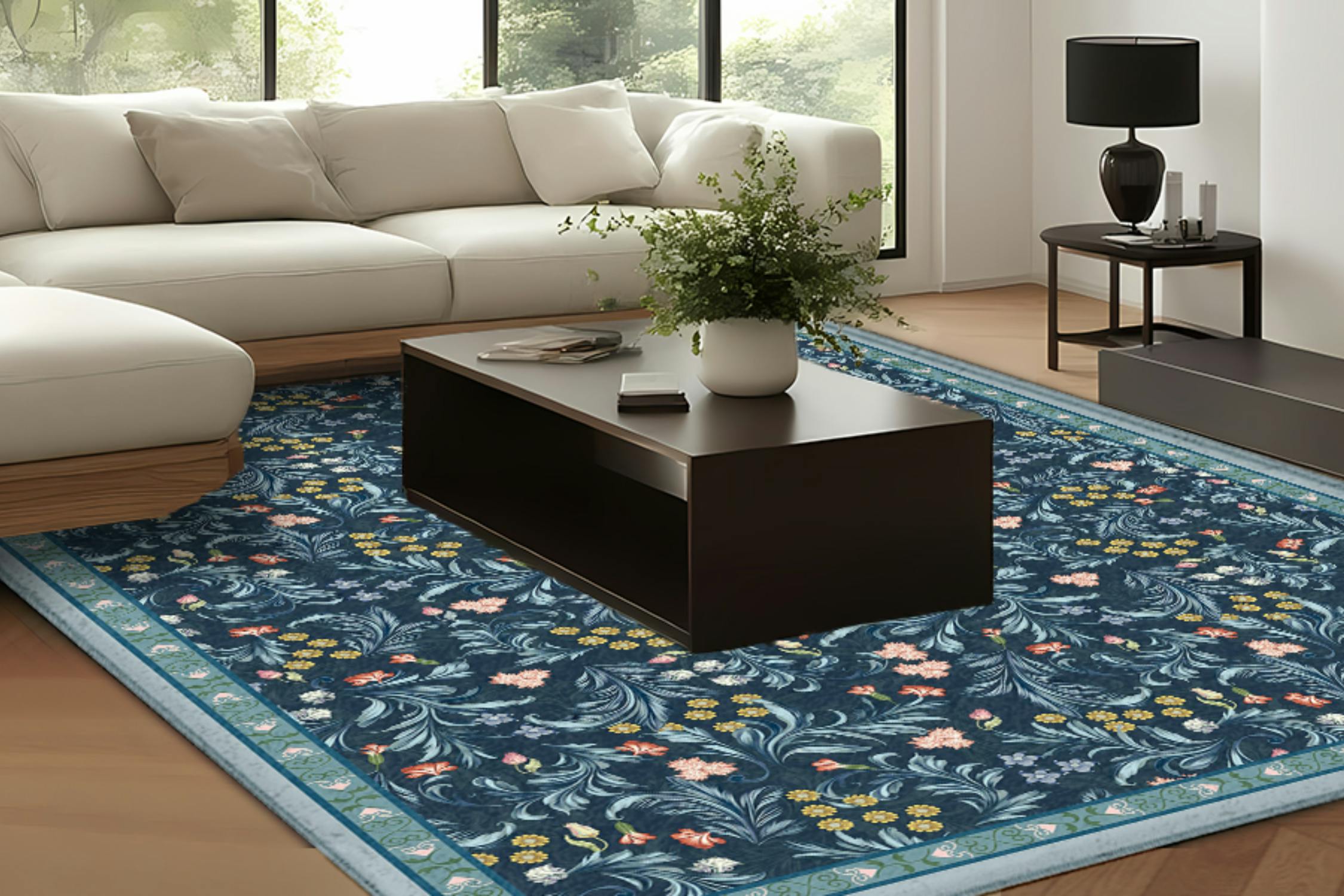 blue floral area rug in living room