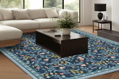 blue floral area rug in living room