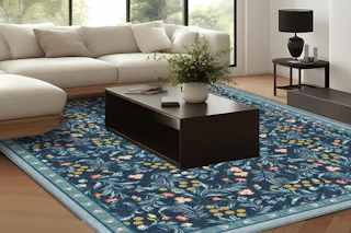 blue floral area rug in living room