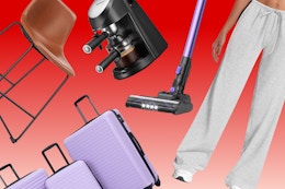 brown barstool, espresso machine, luggage set, women's sweatpants, stick vacuum