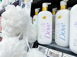 Dove Body Wash by white loofahs in Walmart store