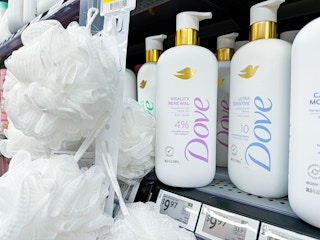 Dove Body Wash by white loofahs in Walmart store