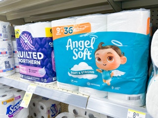 angel soft and quilted northern toilet paper on walgreens shelf