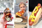 Three images of costco food court items; mint chocolate sundae, little girl eating a pizza, and a hot dog.