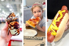 Three images of costco food court items; mint chocolate sundae, little girl eating a pizza, and a hot dog.