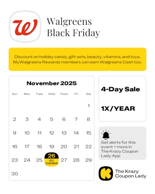 Calendar graphic of confirmed walgreens black friday start date of november 26, 2025